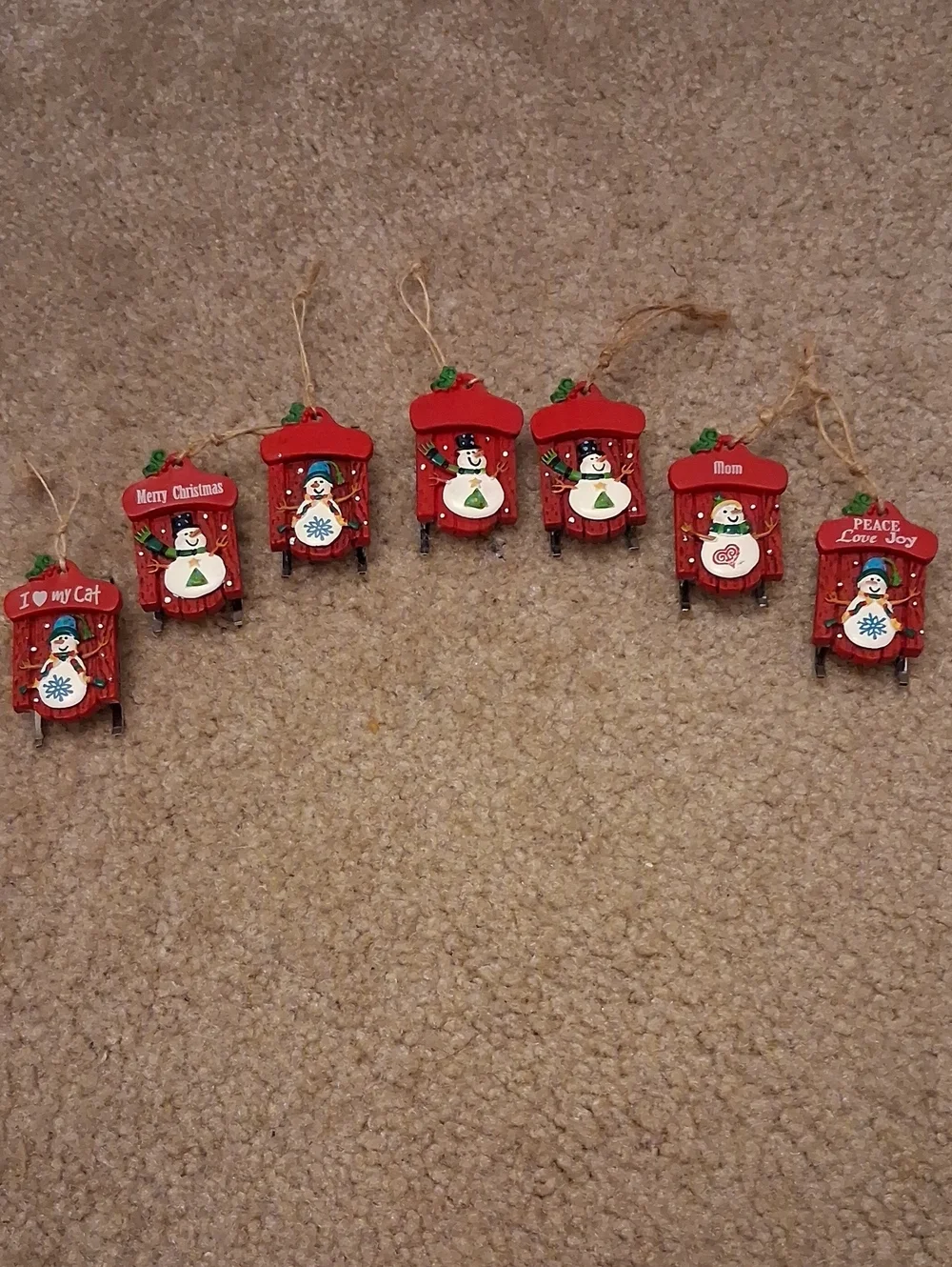 Red Snowman Sled Ornaments - Set of 8